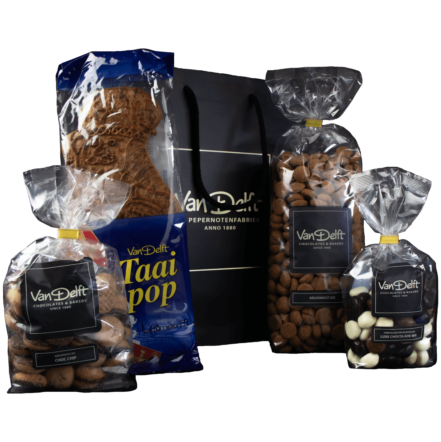 featured image Cadeauset met choc chip, taaipop, kruidnoten (500gr) en luxe mix