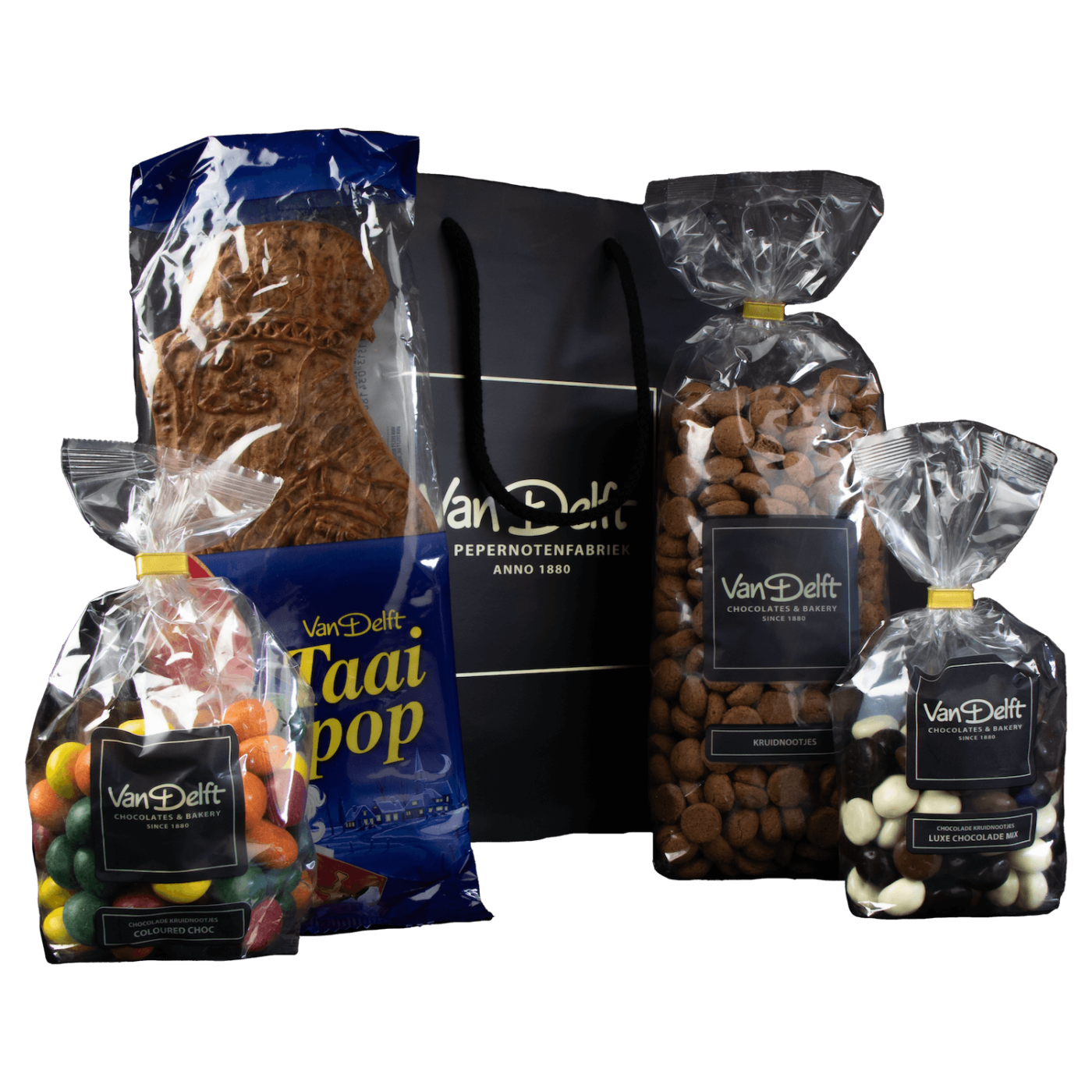 featured image Cadeauset met coloured choc, taaipop, kruidnoten (500gr) en luxe mix