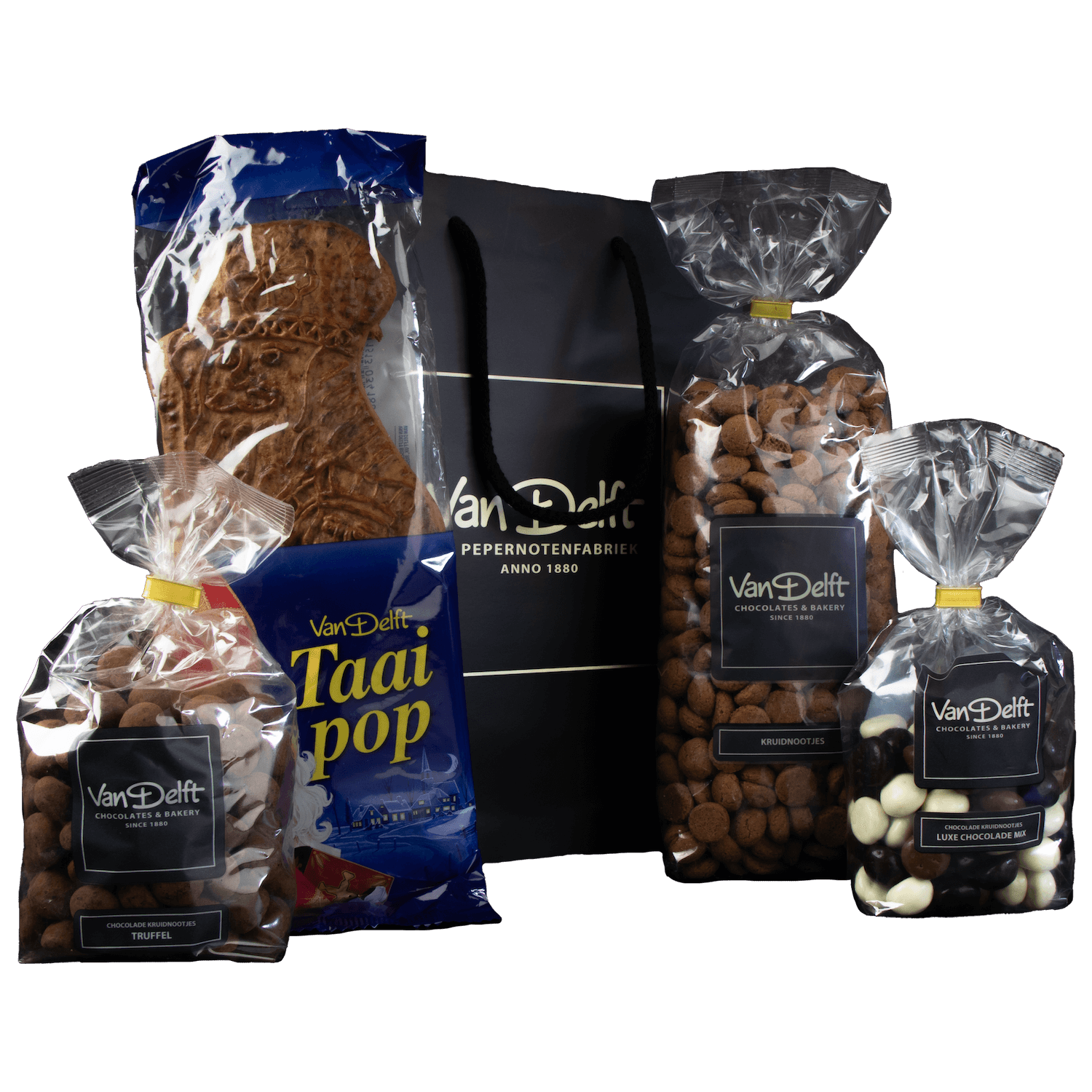 featured image Cadeauset met truffel, taaipop, kruidnoten (500gr) en luxe mix