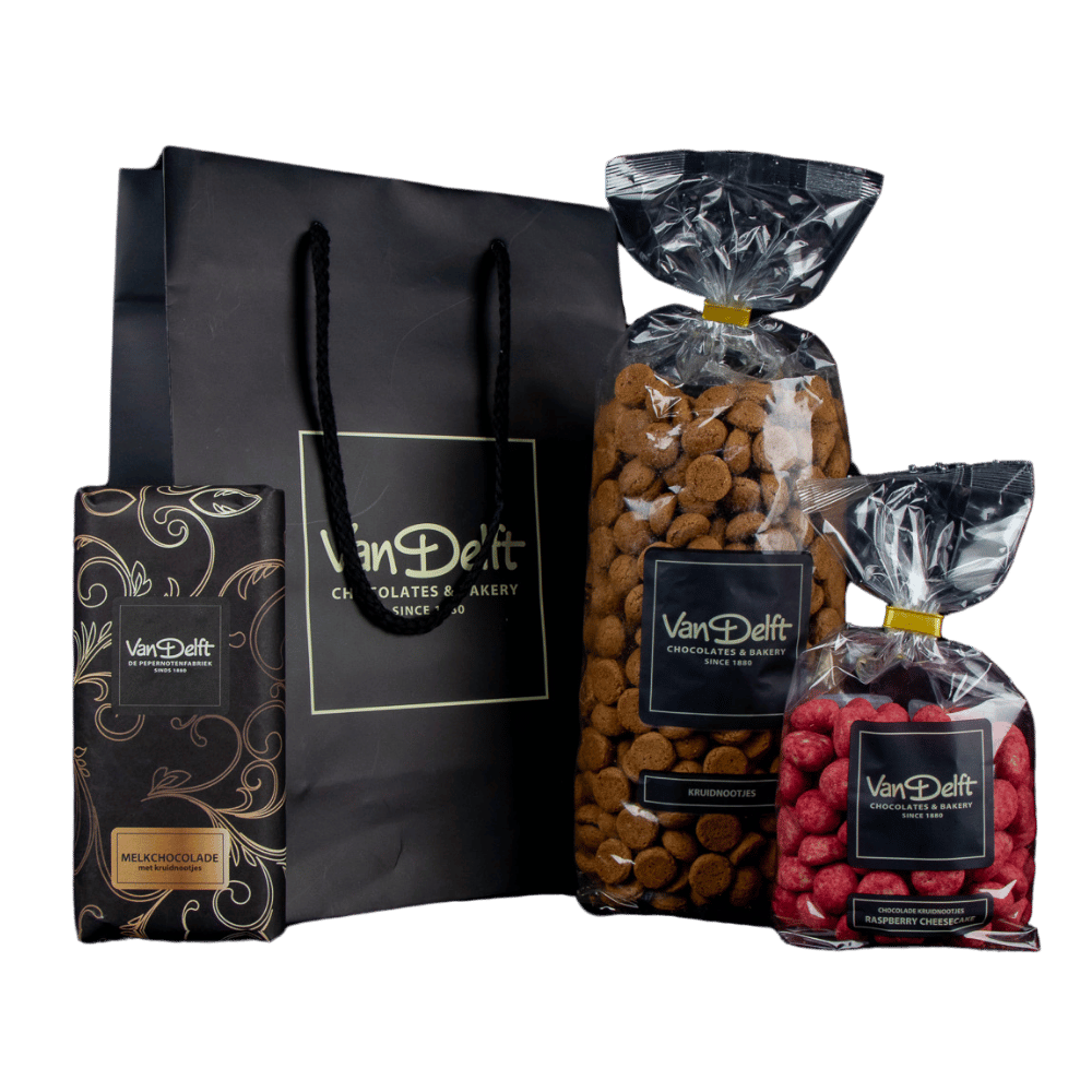 featured image Cadeauset met reep, kruidnoten (500gr) en raspberry cheesecake