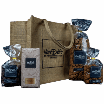Jute Draagtas met 500gram naturel kruidnoten, brownie, truffel kaneel en cookie dough chocoladereep